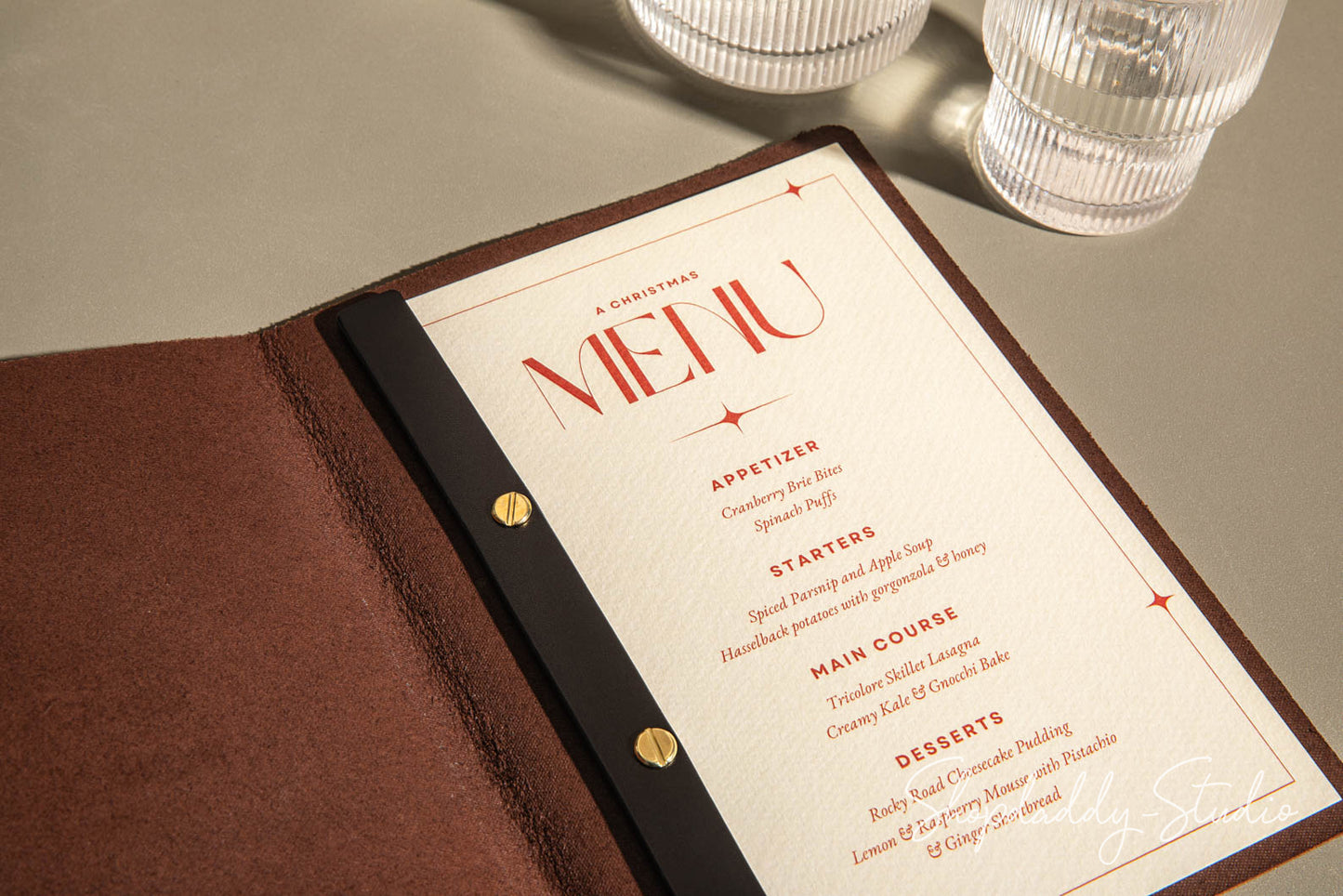 Brown Thick Leather Menu Cover with Plank