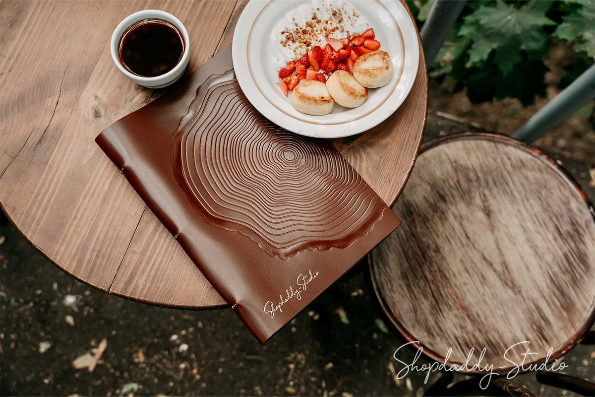 Brown Thick Leather Menu Folder with Golden Rings for restaurant