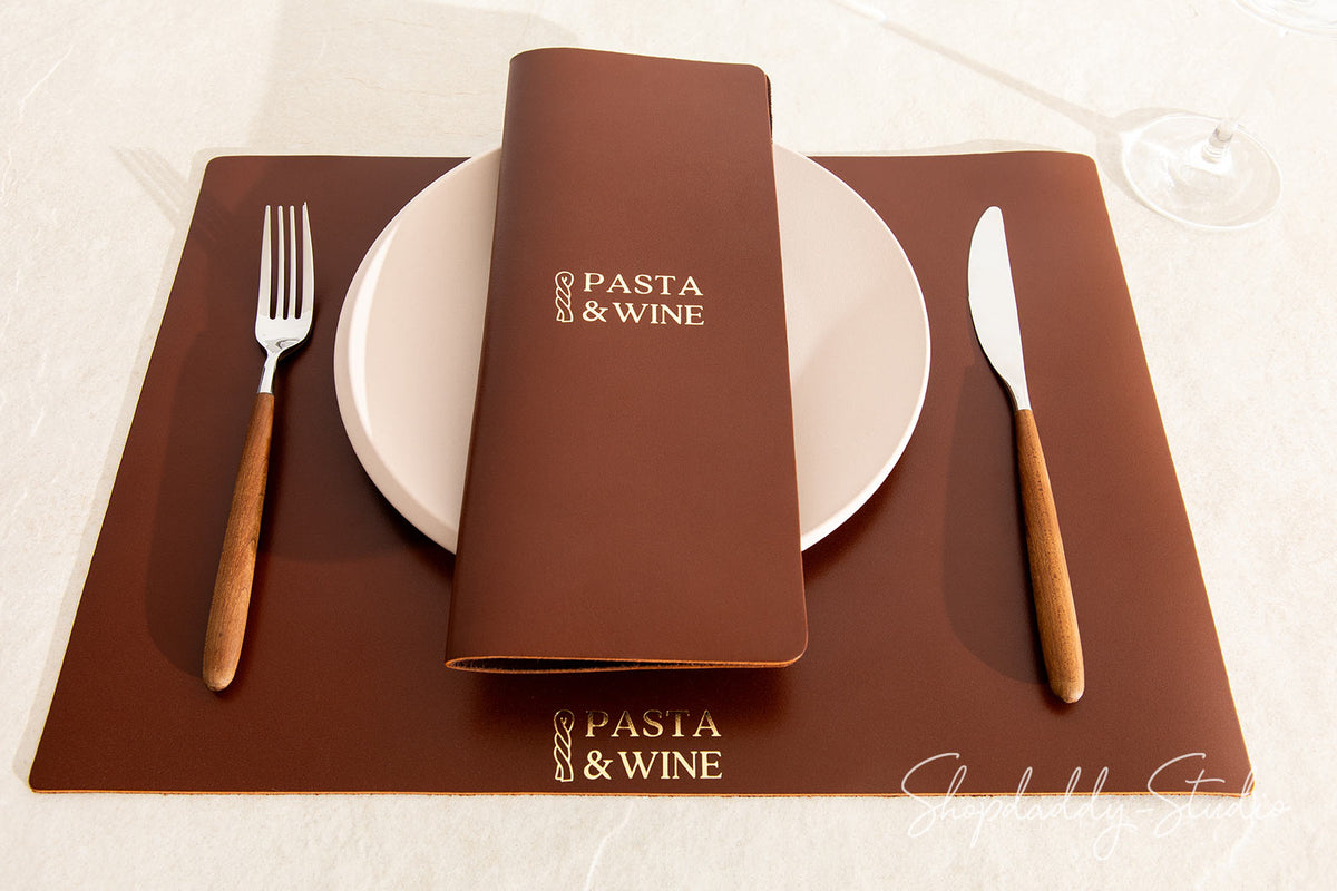 Brown Thick Leather Table Dining Place mat with logo for restaurant