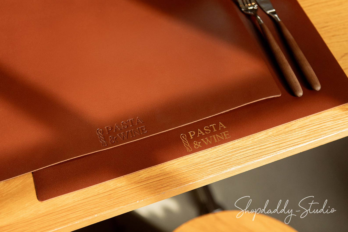 Brown Thick Leather Table Dining Placemat with logo for restaurant