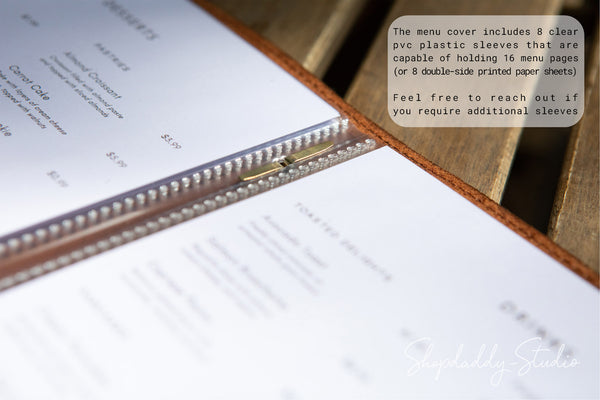 Brown Leather Menu Book with Plastic Sleeves