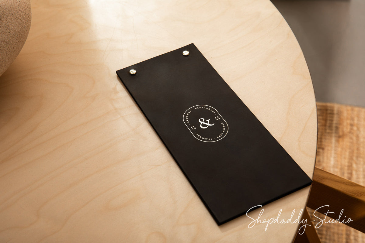 Chocolate Double Leather Menu Cover on Metal Screws with logo