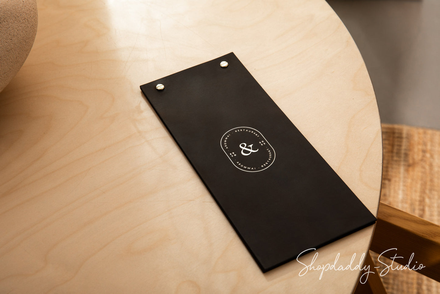 Chocolate Double Leather Menu Cover on Metal Screws with logo