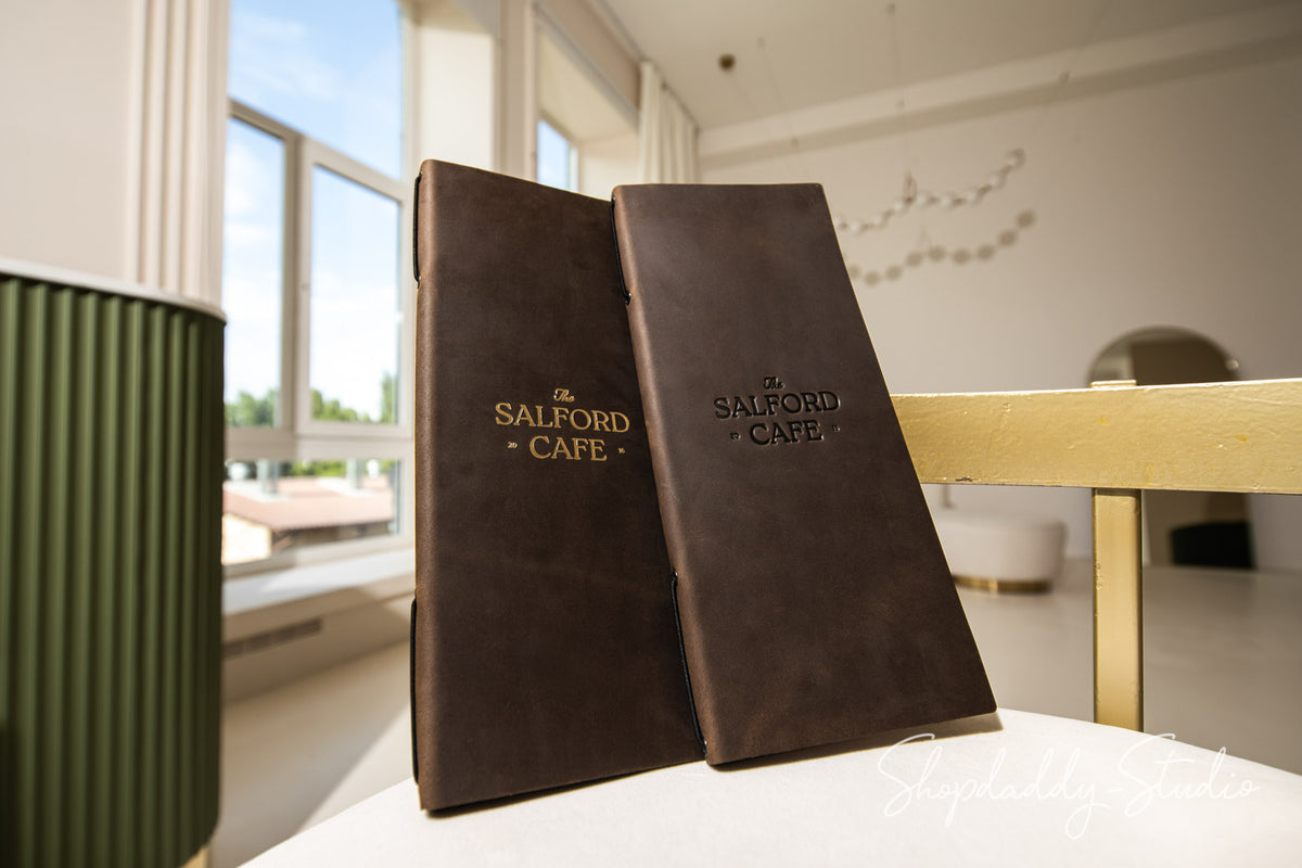 Chocolate Double Leather Menu Cover with Corners and elastic band