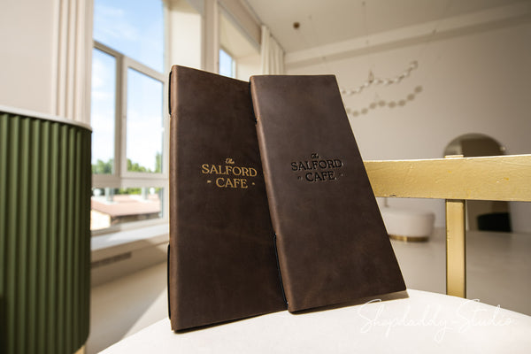 Chocolate Double Leather Menu Cover with Corners and elastic band