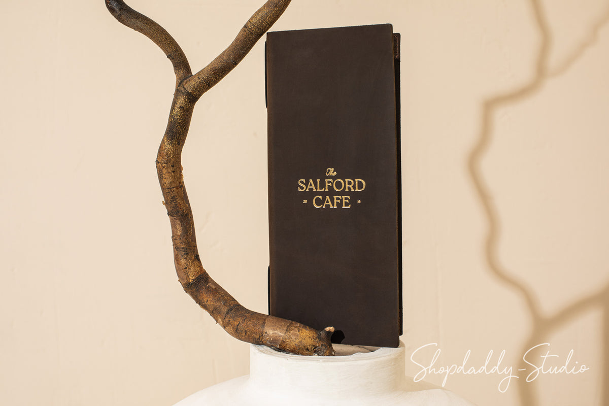 Chocolate Double Leather Menu Cover with Corners and logo