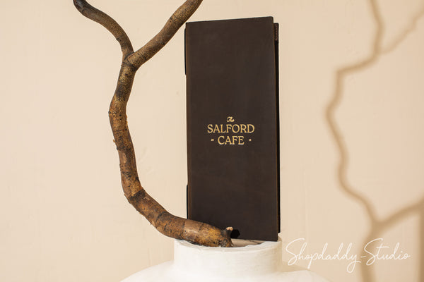 Chocolate Double Leather Menu Cover with Corners and logo