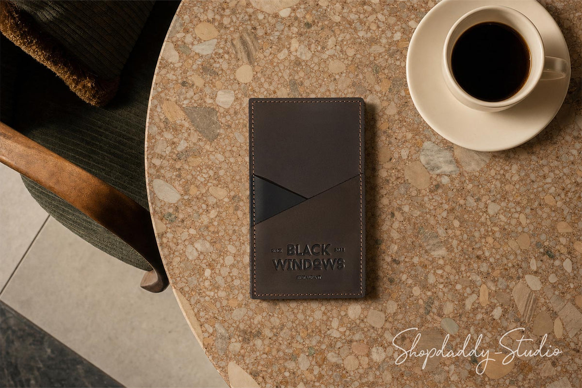 Chocolate Leather Bill Holder with Diagonal Slip Pocket for Cafes and Bars