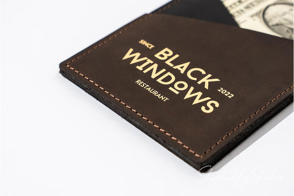 Chocolate Leather Bill Holder with Diagonal Slip Pocket for Hospitality