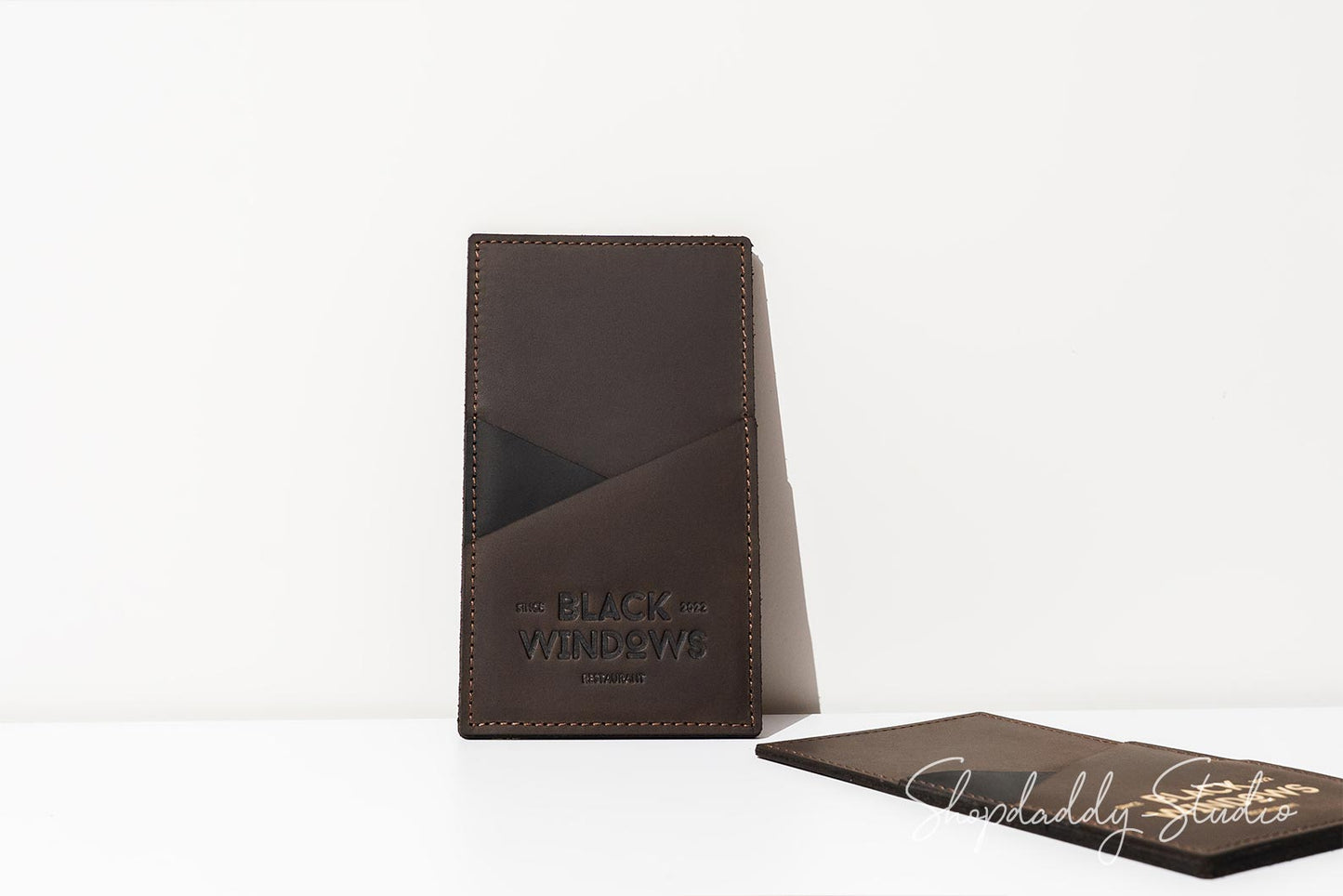 Chocolate Leather Bill Holder with Diagonal Slip Pocket with Custom Logo