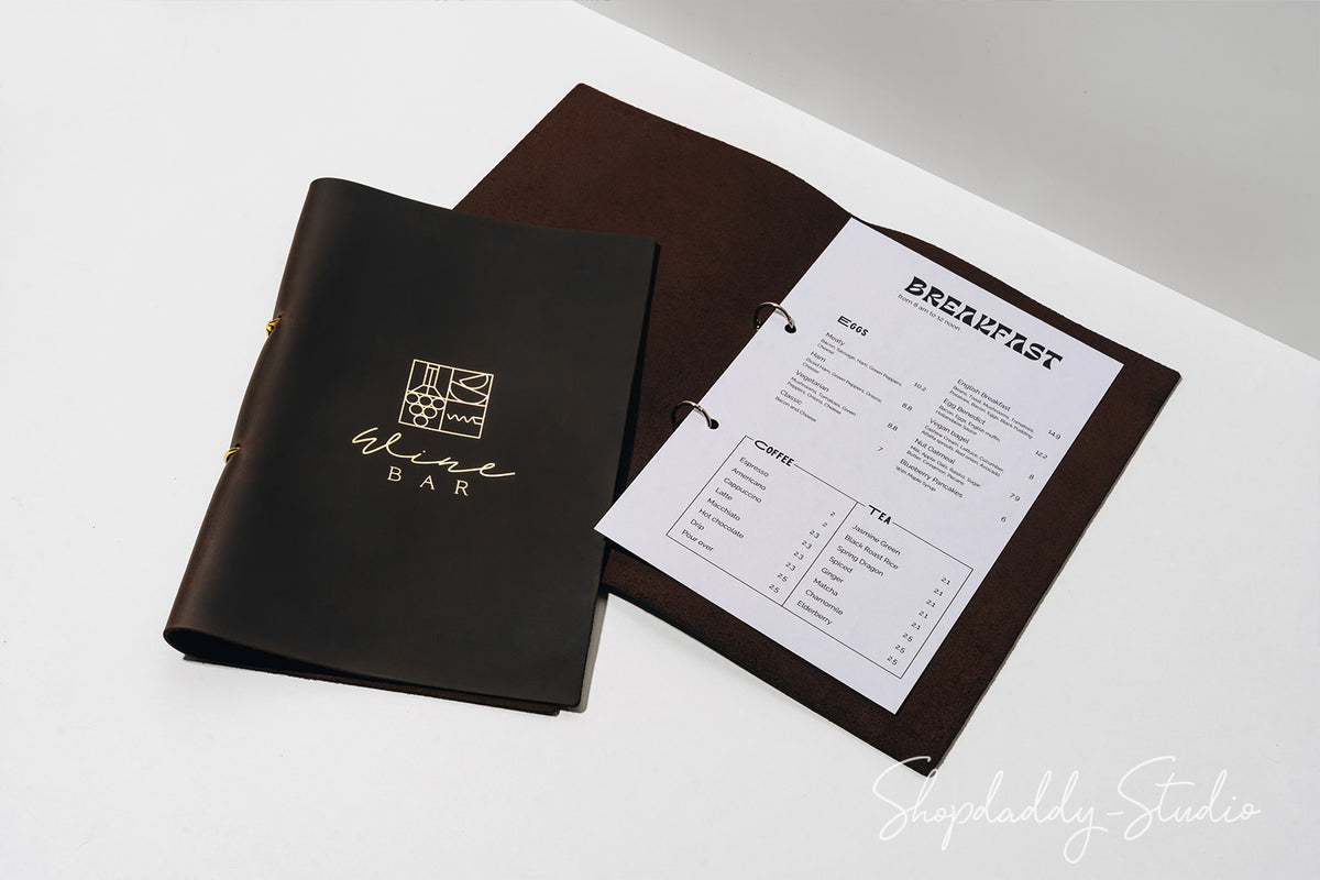 Chocolate Leather Menu Book with Steel Rings for cafe