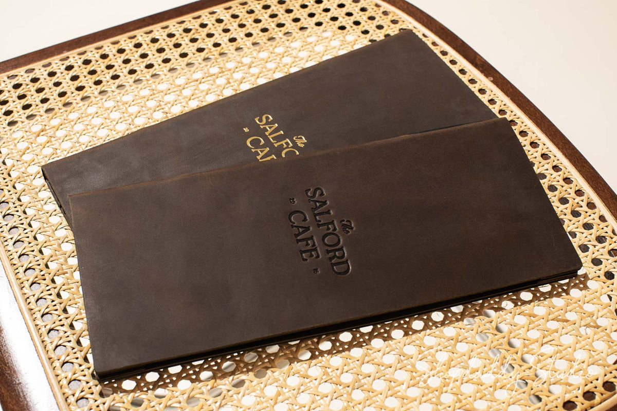 Chocolate Leather Menu Cover with Corners and elastic band