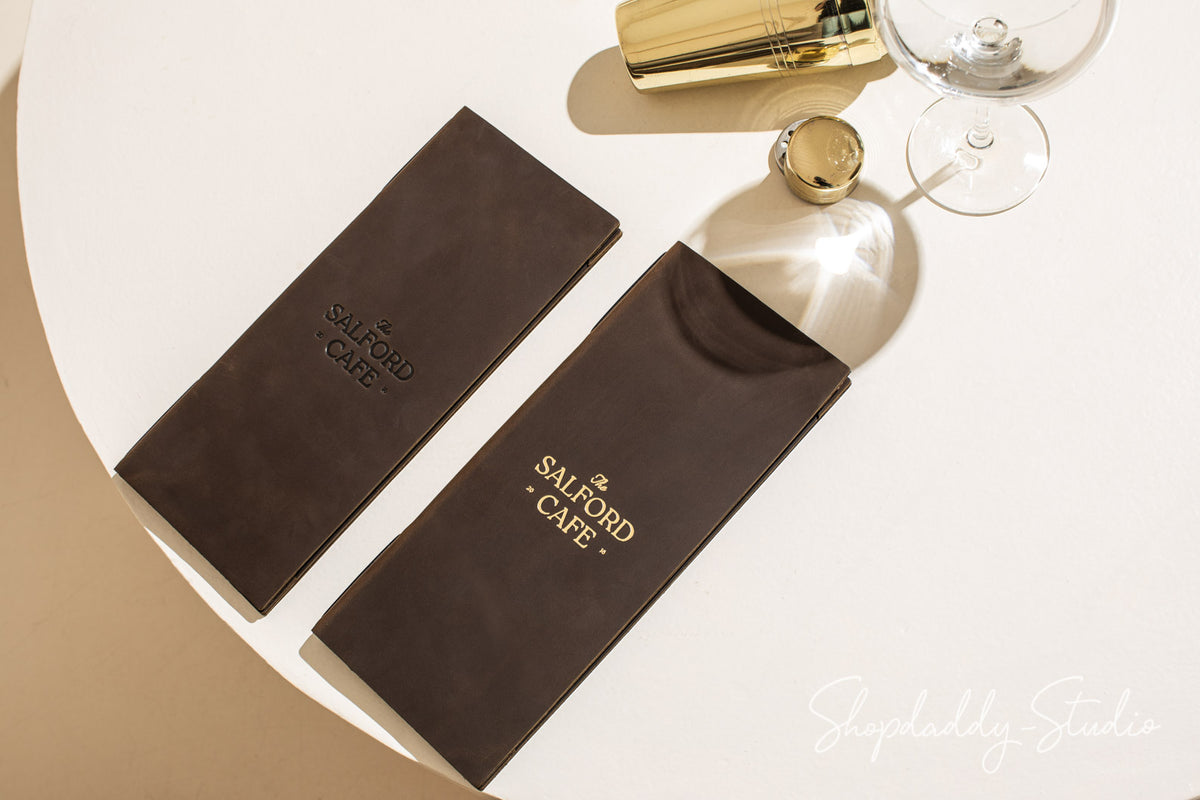 Chocolate Leather Menu Cover with Corners and logo