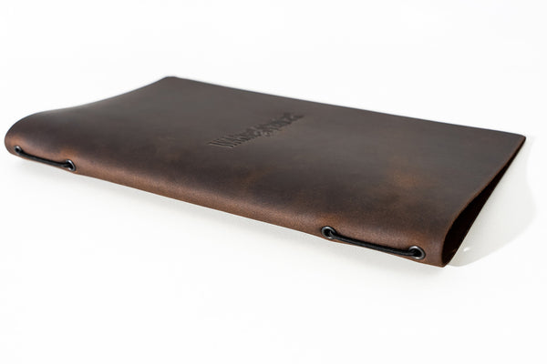 Chocolate Leather Menu Cover with Elastic Band sideways