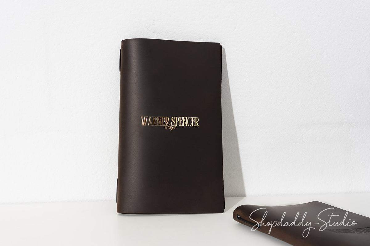Chocolate Leather Menu Cover with Elastic Band with logo