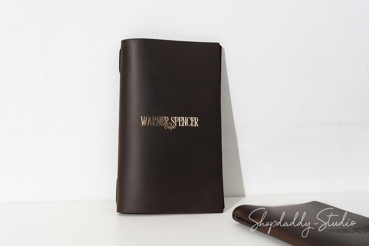Chocolate Leather Menu Cover with Elastic Band with logo
