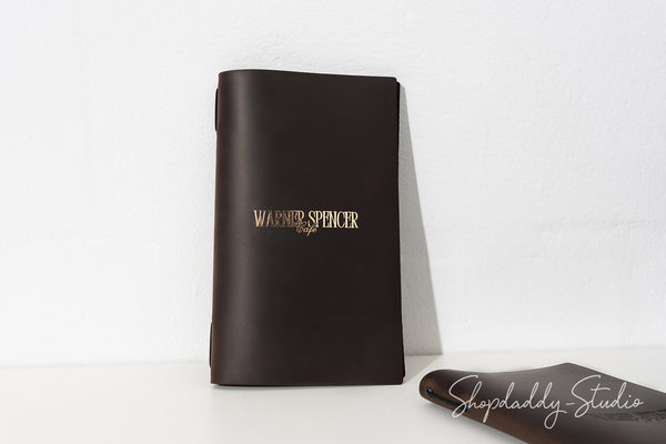 Chocolate Leather Menu Cover with Elastic Band with logo