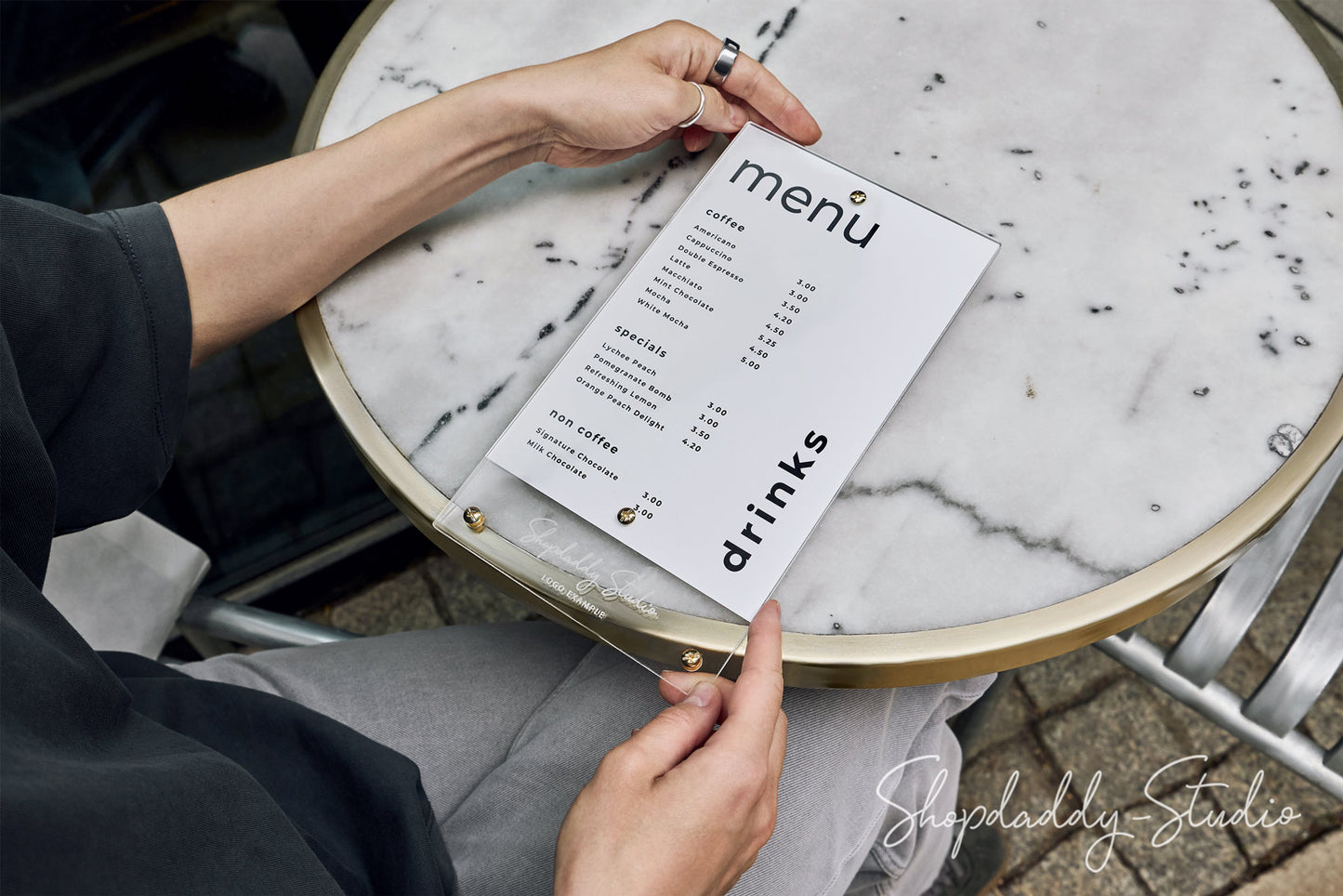 Clear Acrylic Menu Holder with Brass Bolts for Cafes and Bars