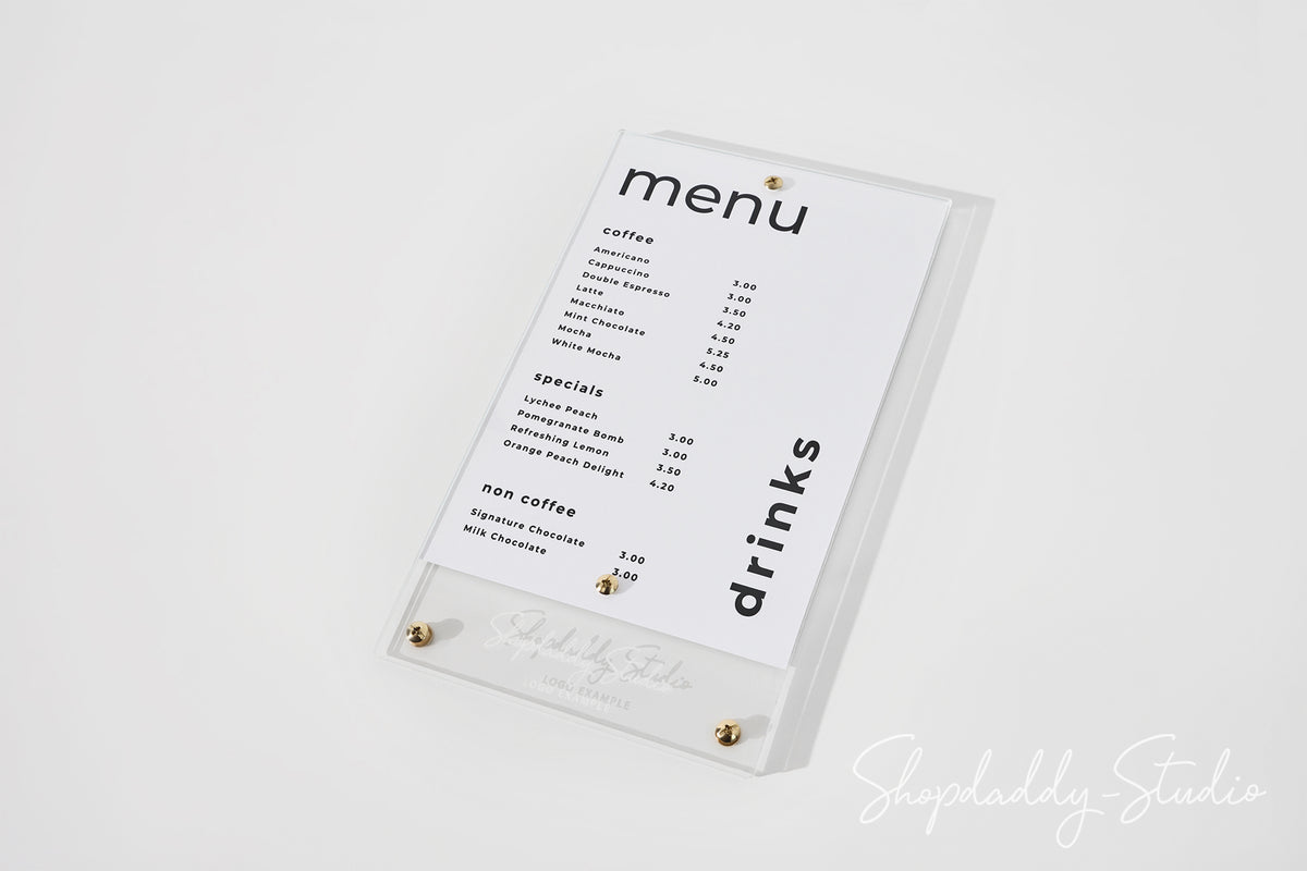 Clear Acrylic Menu Holder with Brass Bolts with Custom Logo