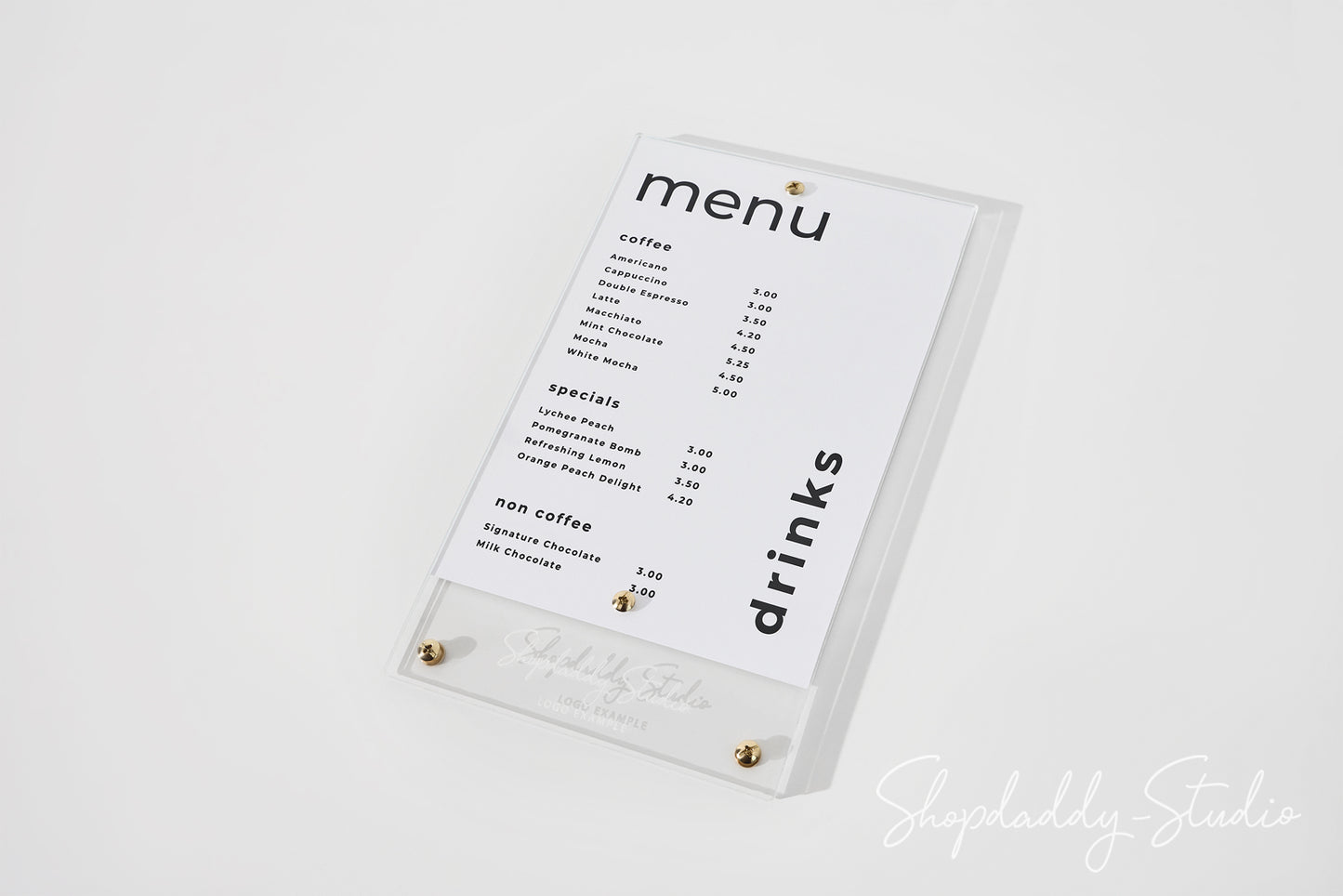 Clear Acrylic Menu Holder with Brass Bolts with Custom Logo