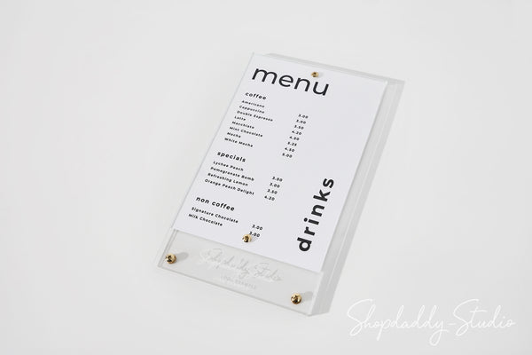 Clear Acrylic Menu Holder with Brass Bolts with Custom Logo