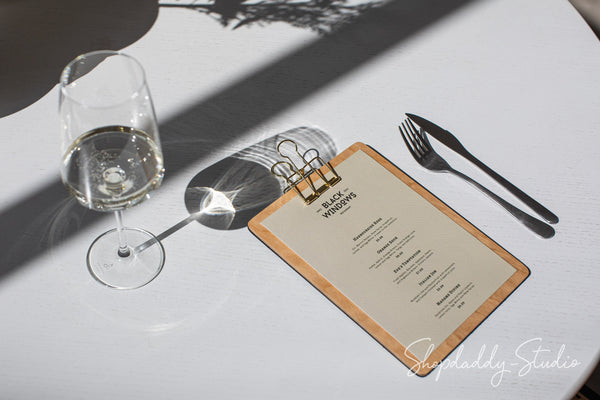 restaurant Black Menu Board with Golden Binder with logo