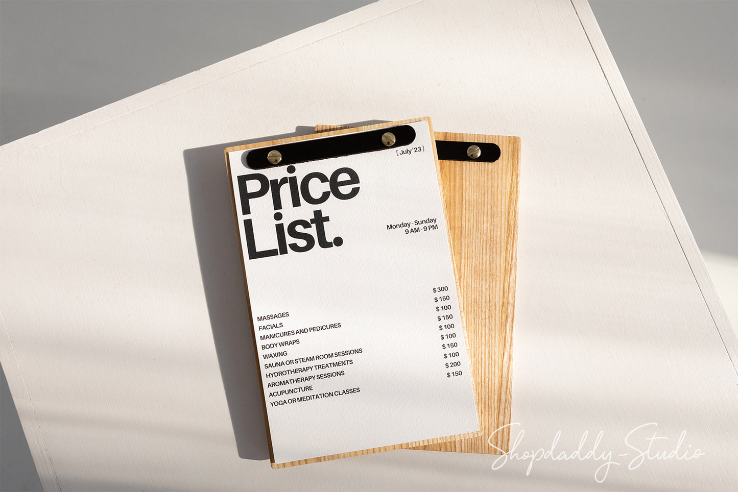 Compact Wood Menu Holder With Rounded Leather Plank