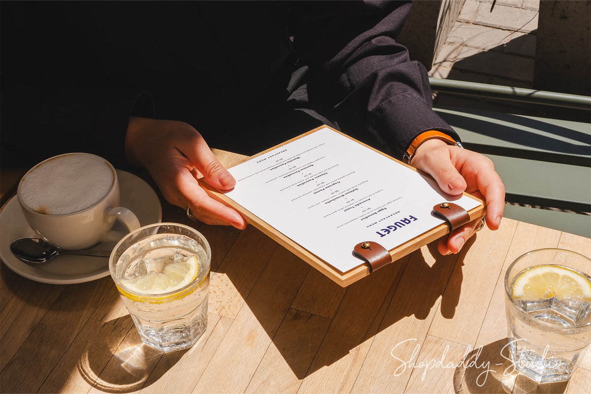 Compact Wood Menu Holder with Two Leather Clasps