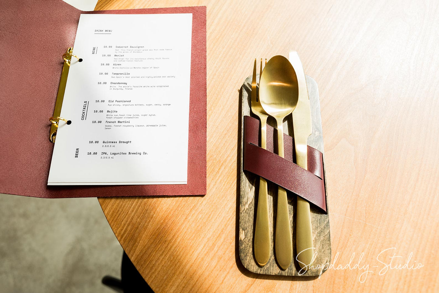 Compact Wooden Cutlery Holder With Leather Strap with logo