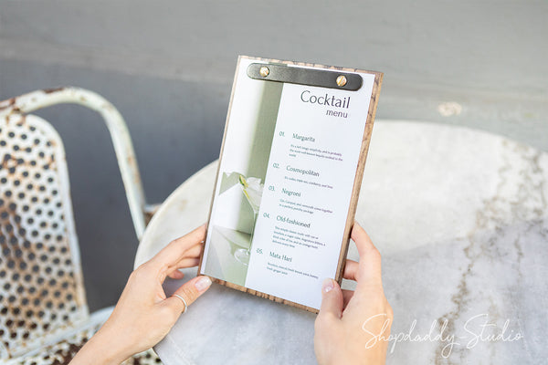 Compact Wooden Menu Holder With Rounded Leather Plank