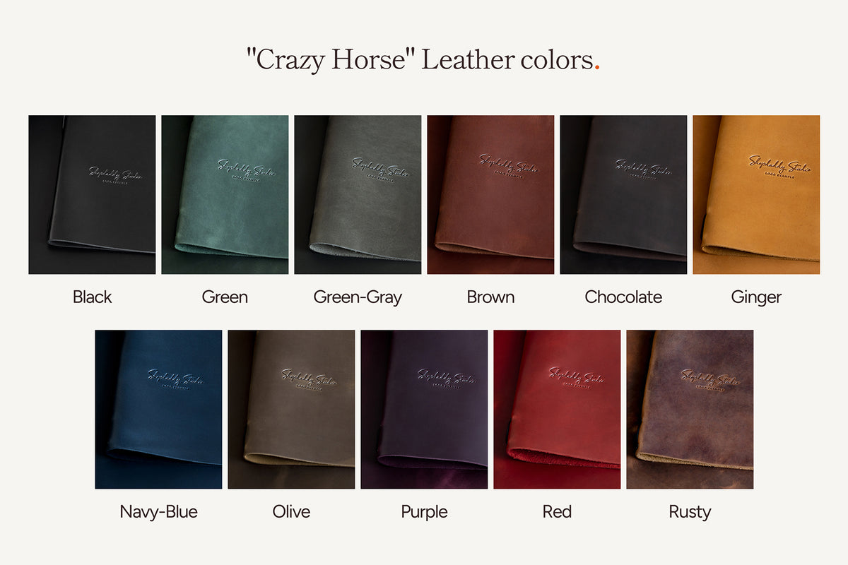 Display of 'Crazy Horse' leather colors with corresponding names.