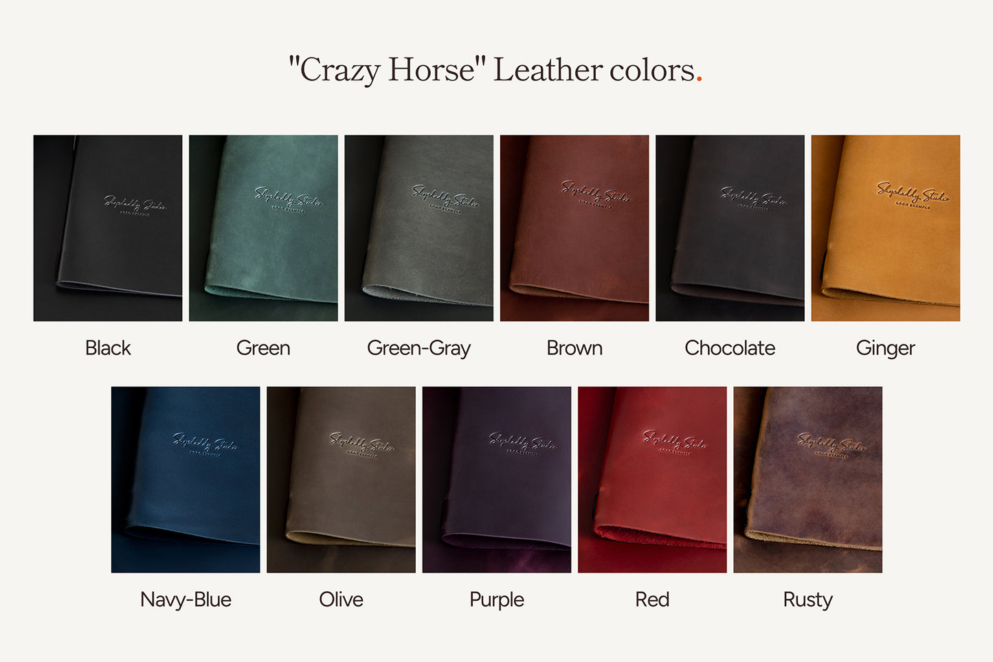 Display of 'Crazy Horse' leather colors with corresponding names.