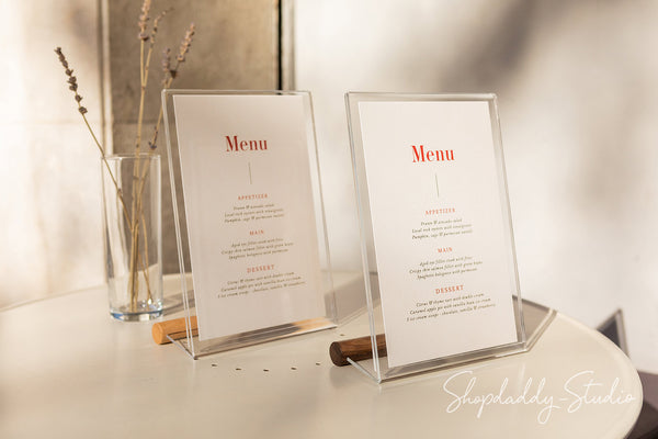  Custom Acrylic Table Menu Holder with Walnut Wood Stand for cocktail menu
