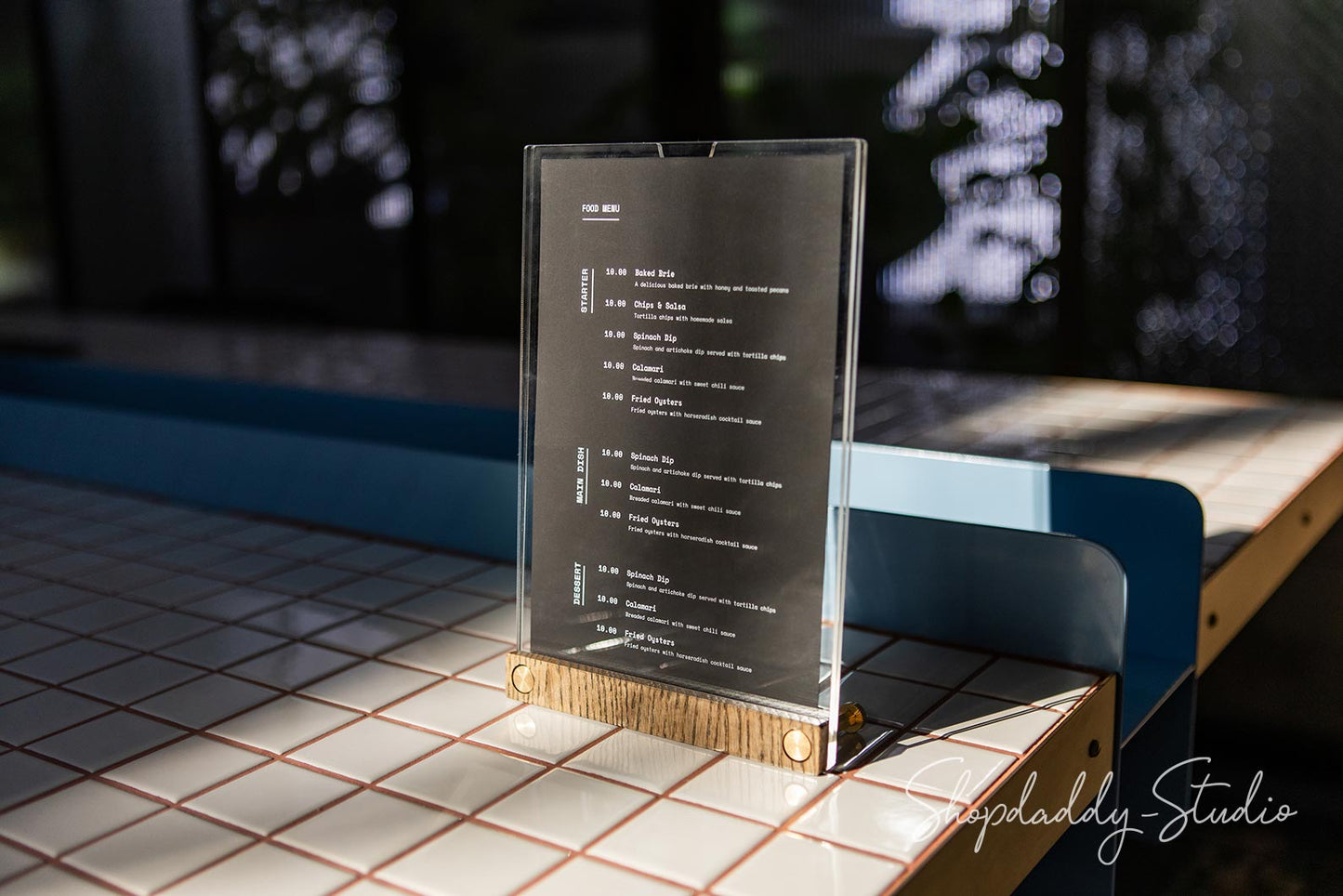Custom Acrylic Table Top Flyer Holder with Walnut Ashwood Stand and Brass Screws for wedding