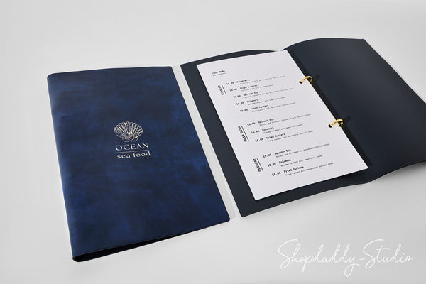 Custom Antique Blue Recycled Leather Menu Cover with Rings Mechanism