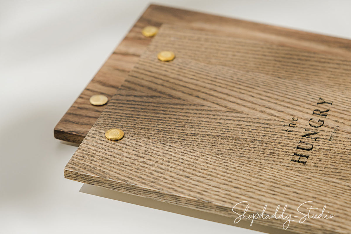 Custom Ashwood Menu Holder with Rounded Brass Plank for cocktail menu