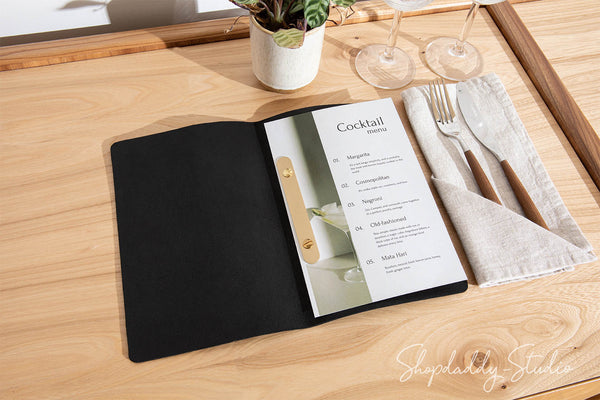Custom Black Leather Menu Cover Minimalist