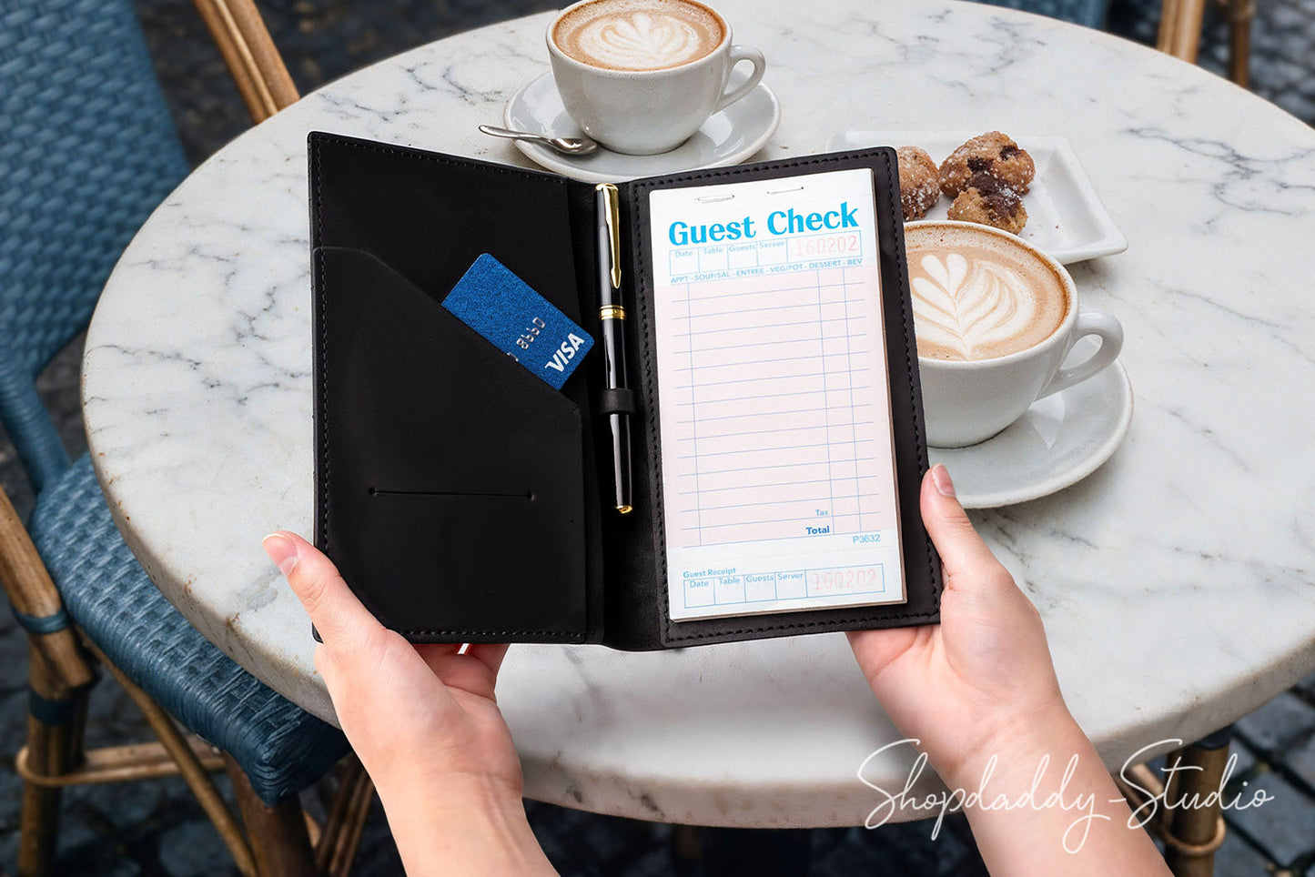 Custom Black Leather Server Book with Pen Loop