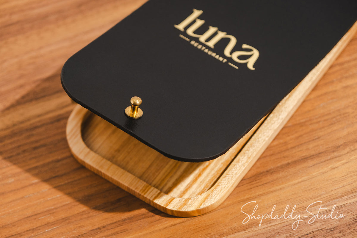 Custom Black Leather Wood Bill Presenter for restaurant