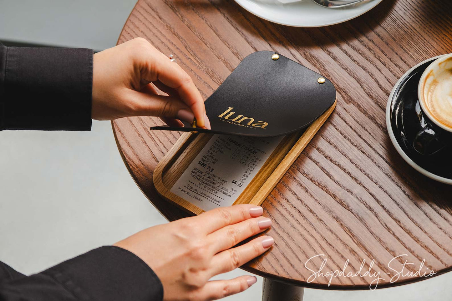 Custom Black Leather / Wood Check Presenter for restaurant