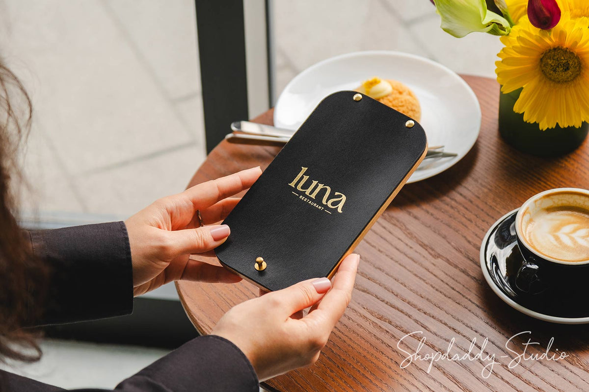 Custom Black Leather Wood Server Bill Presenter for restaurant