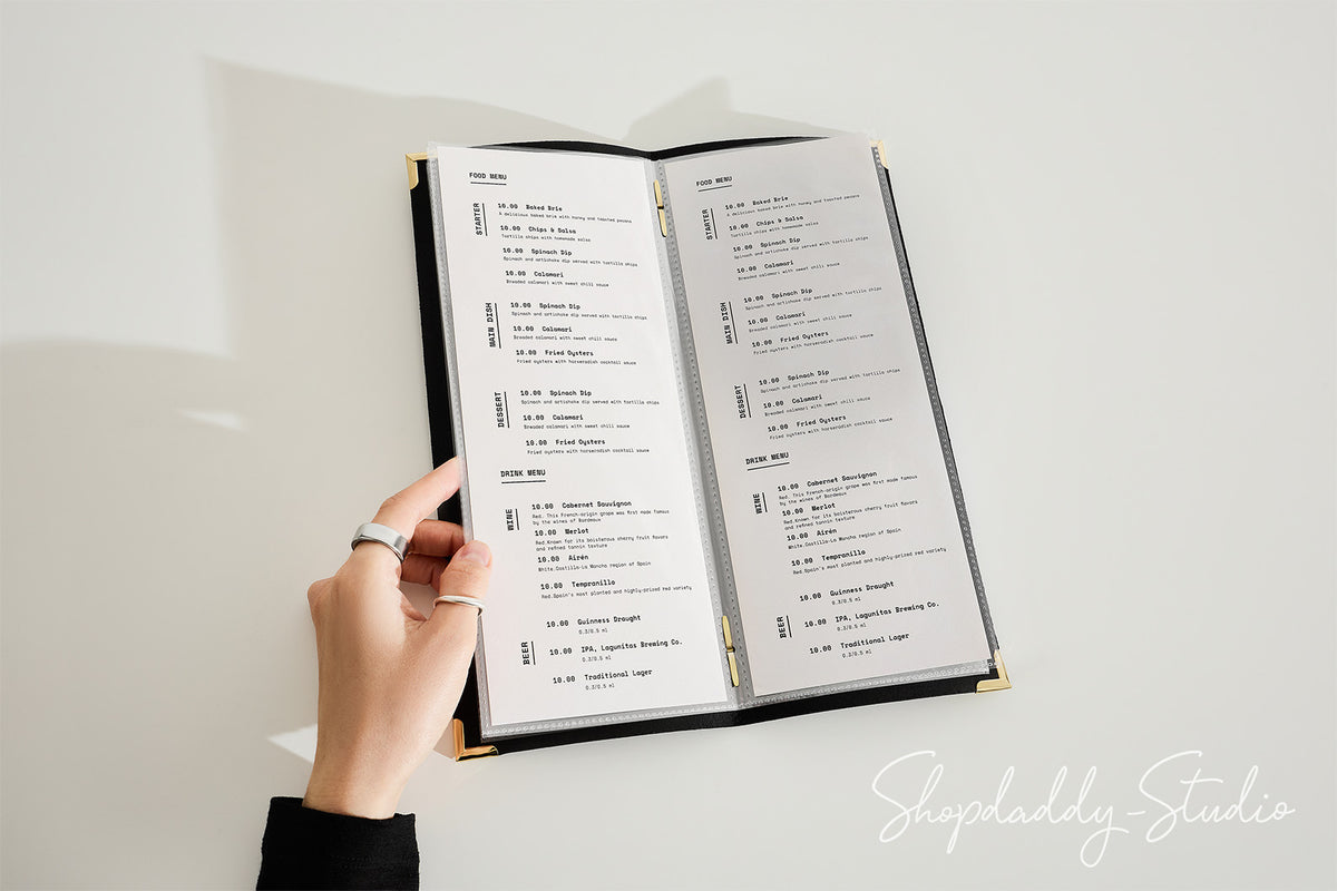Custom Black Thick Leather Menu Cover with Plastic Sleeves and Corners