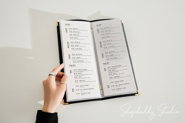 Custom Black Thick Leather Menu Cover with Plastic Sleeves and Corners