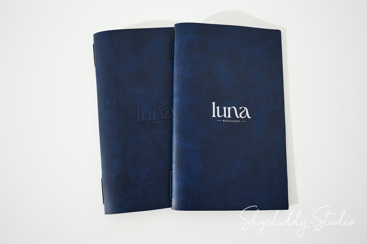 Custom Blue Recycled Leather Menu Cover with Elastic Band