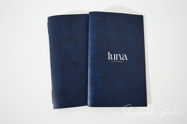 Custom Blue Recycled Leather Menu Cover with Elastic Band