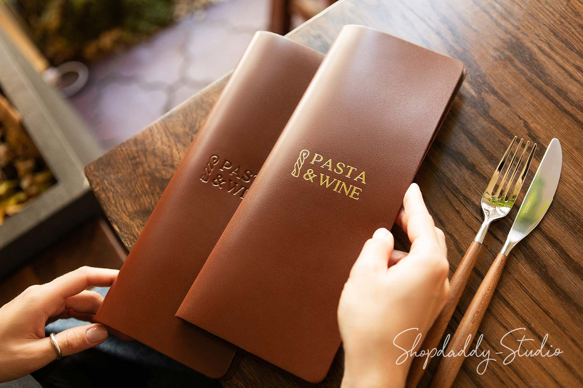 Custom Brown Leather Menu Book with Brass Plank and Logo