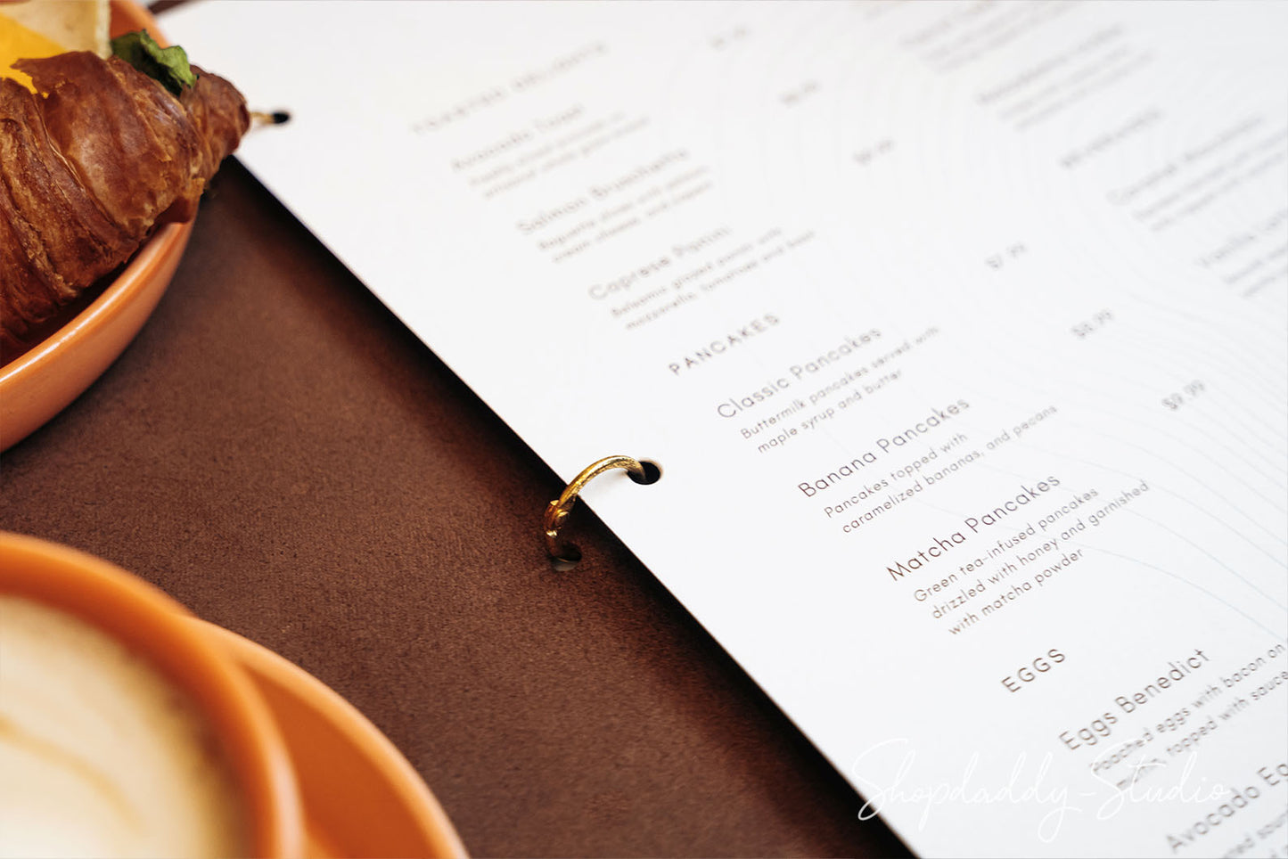 Custom Brown Leather Menu Book with Golden Rings for bar