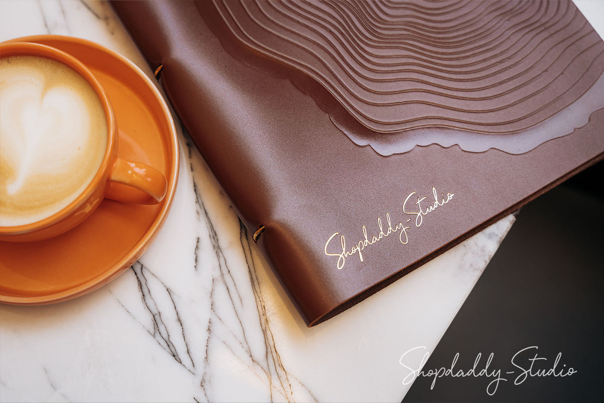 Custom Brown Leather Menu Book with Golden Rings for cafe
