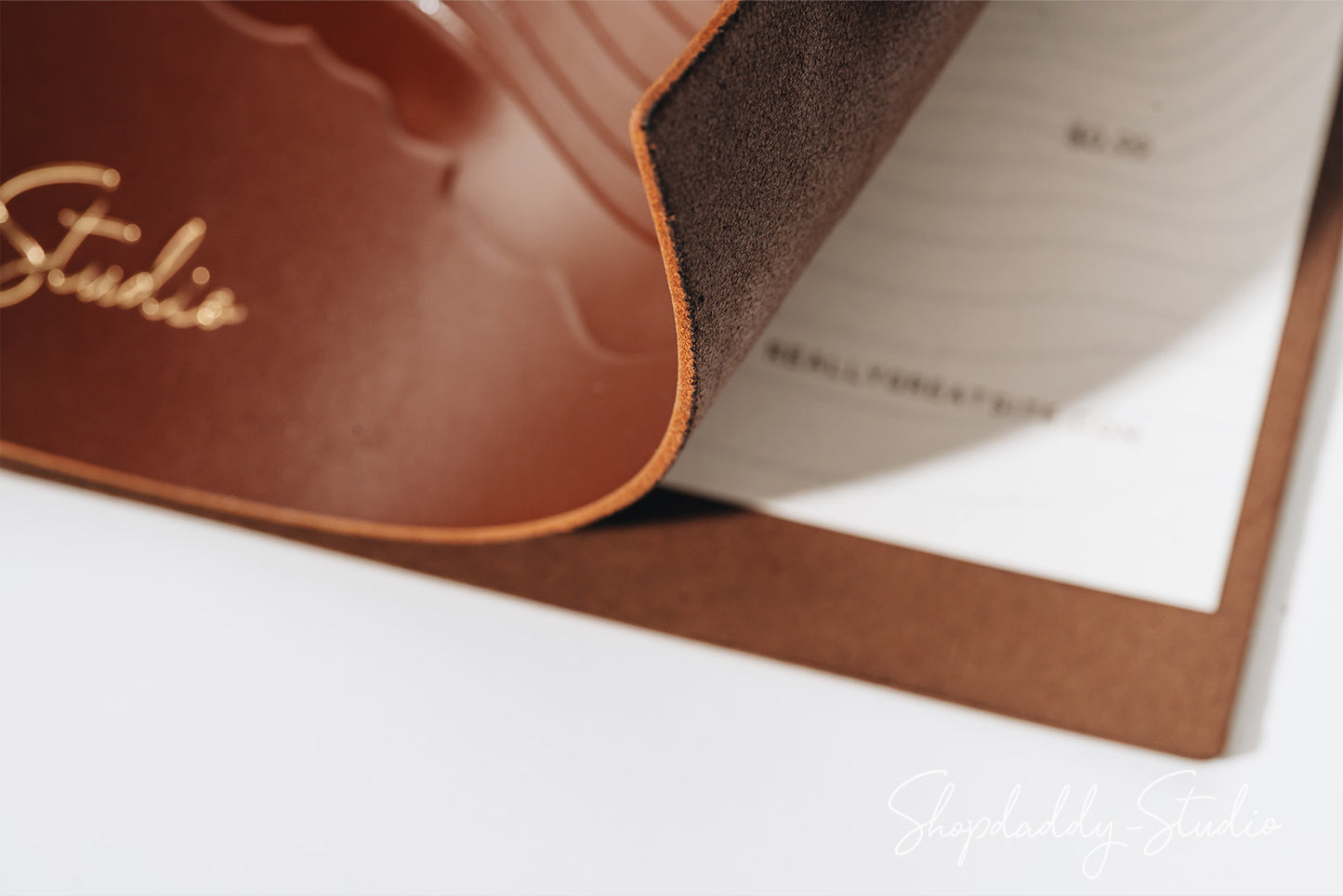 Custom Brown Leather Menu Book with Golden Rings with logo