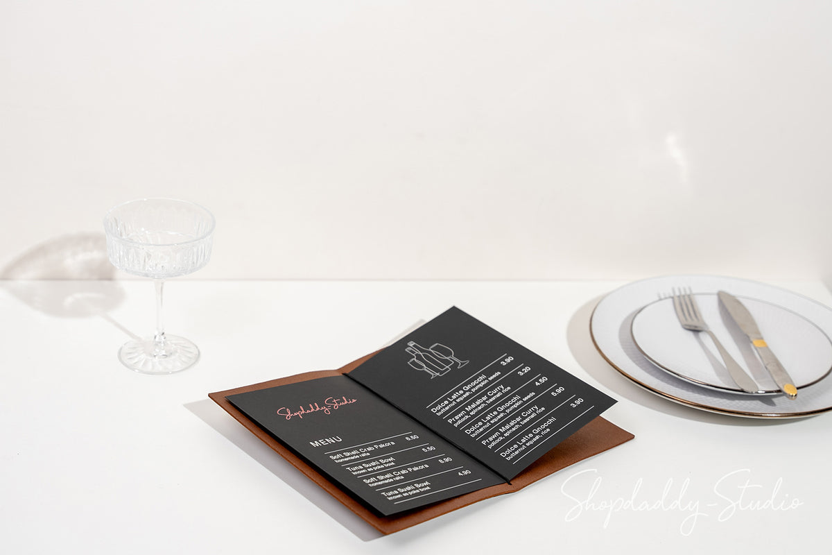 Custom Brown Leather Menu Book with Topographic Pattern for restaurant